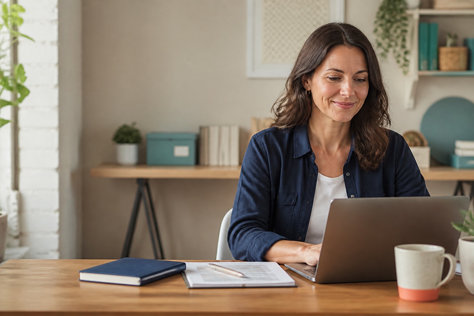 A small business owner calmly reviewing her catalog at a laptop
